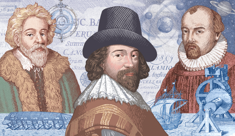 illustration-of-cornelis-drebbel-francis-bacon-and-salomon-de-caus-with-images-of-a-ship-gears-a-model-of-the-universe-and