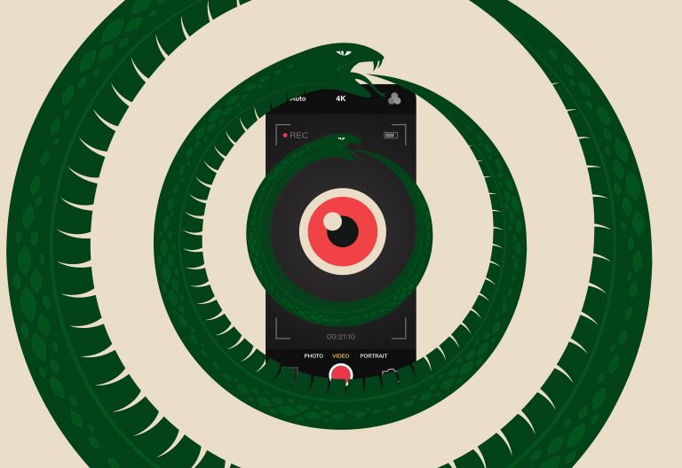 an-illustration-of-a-phone-with-an-eye-on-it-and-several-rings-of-snake-ouroboros